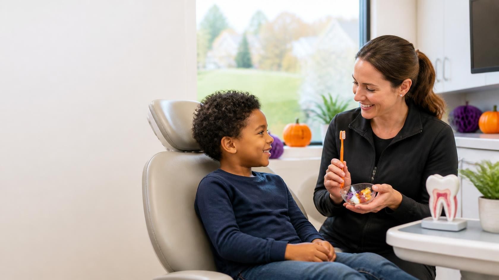 Child sorting Halloween candy at a kitchen table in North Andover